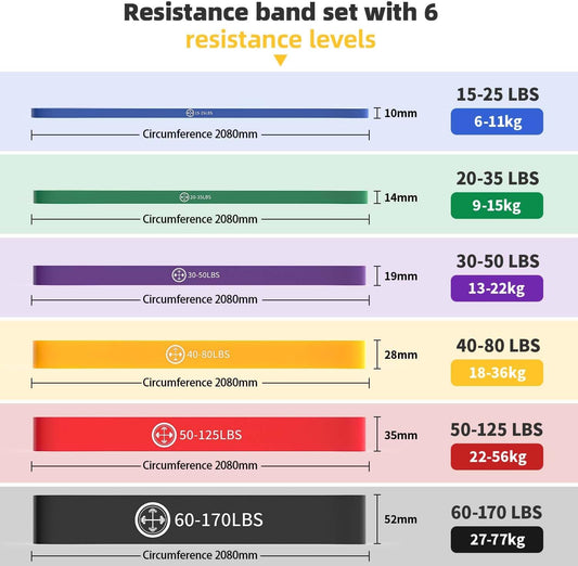 Exercise Bands,Set of 6 Resistance Bands for Working Out,Pull Up Bands Set,at Home Workout Equipment,Instruction Guide and Carry Bag Included