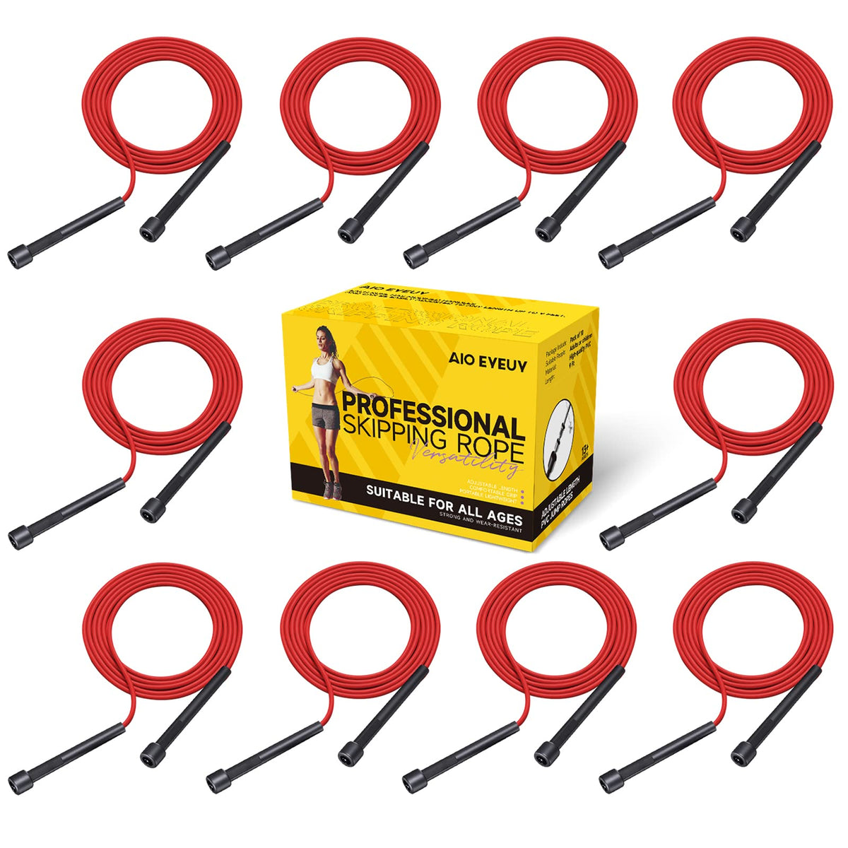10 Pack Adjustable Jump Rope for Fitness and Exercise - PVC Skipping Rope for Men, Women and Teens - Tangle-Free for Keeping Fit, Training, Workout