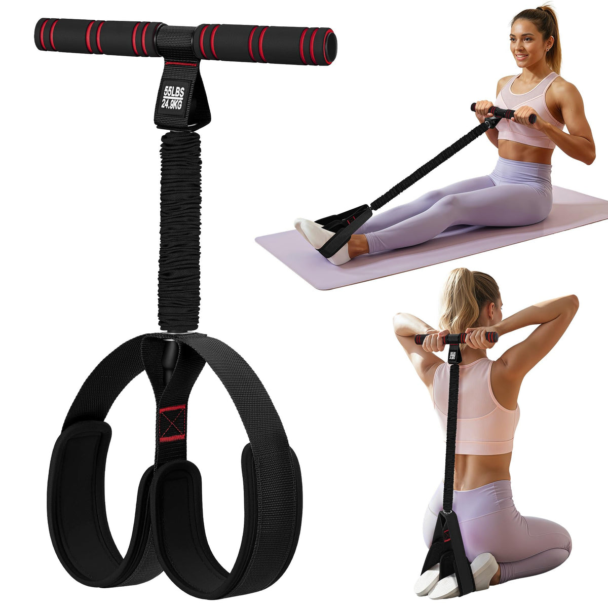 Pedal Resistance Band with Handle | Upgraded 55LBS Exercise Resistance Bands for Core, Abs, Legs, Glutes, Arms, Strength, Physical Therapy, Pilates, Sit Up Workout Equipment for Women Home Gym