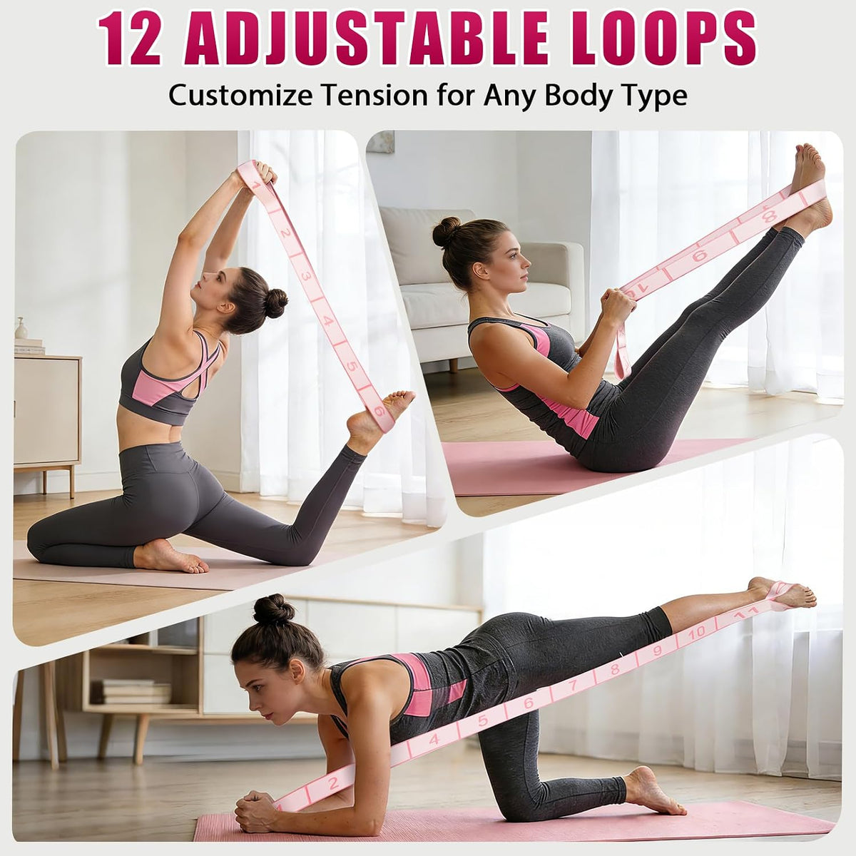 KUZARO Fitness Resistance Bands with 12 Loops, Numbered Resistance Bands for Physical Therapy, Women Stretch Strap for Home Gym, Elastic Exercise Bands for Yoga, Pilates, Leg Stretching, Dance