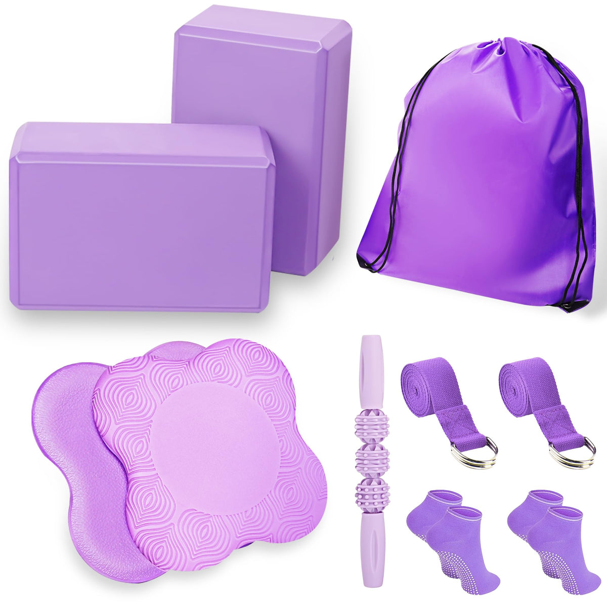 2 Yoga Blocks Supportive Accessories including 2 Knee Pads, 2 With Strap To Put Less Weight On Wrists, 1 Muscle Massage Roller, 2 Pair of Non-Slip Pilates Socks, 1 GYM Bag, Durable Versatile Yoga Brick Exercise Set of 10