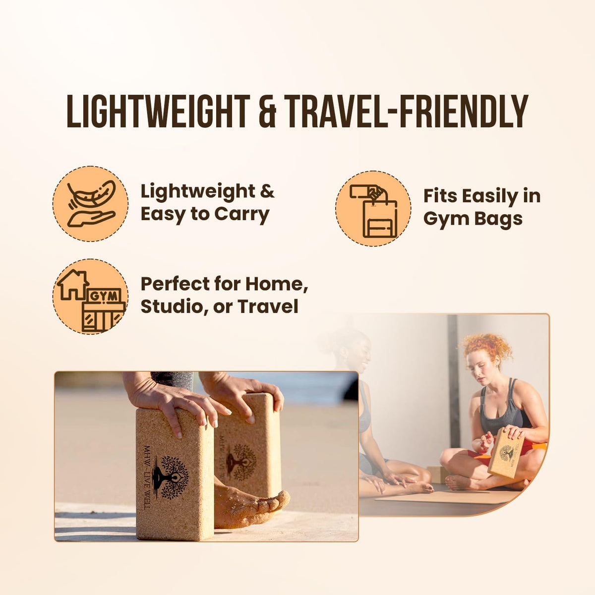 MHW - LIVE WELL Cork Yoga Block – Natural Anti-Slip Yoga Block for Stability & Deepening Poses - 9x6x3 Inches, Single (Cork, Pack of 2)