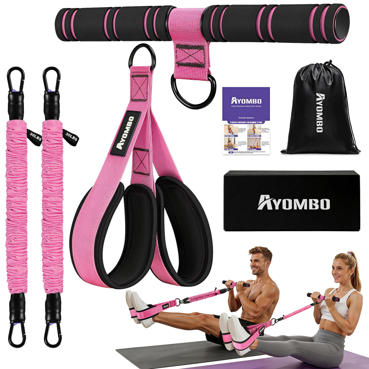 Upgrade Pedal Resistance Band with Handle, Adjustable Tube Foot Pedal Device Puller Exercise Bands, for Abs Arm Leg Waist Workout, Core Pilates, Sit Up Fitness Equipment for Full Body Training