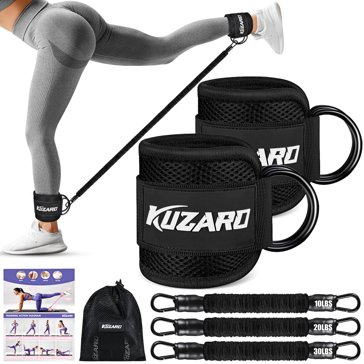 KUZARO Ankle Resistance Bands with Cuffs, Ankle Weights Bands for Working Out, Women Leg and Glutes Workout Equipment, Exercise Bands for Kickbacks, Butt and Booty Trainer, Home Gym Fitness Equipment