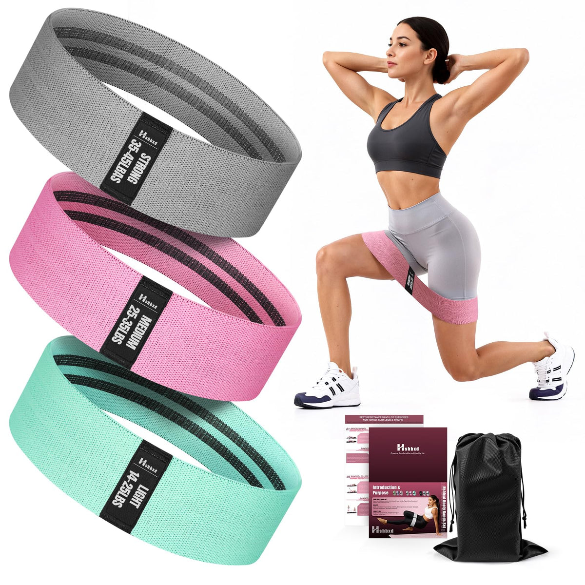 Fabric Resistance Band Set with Exercise Guide, 3 Levels for Hip and Glute
