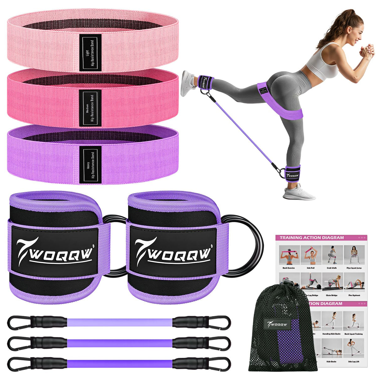 WOQQW Ankle Resistance Bands with Cuffs & Booty Bands Set for Legs & Glutes