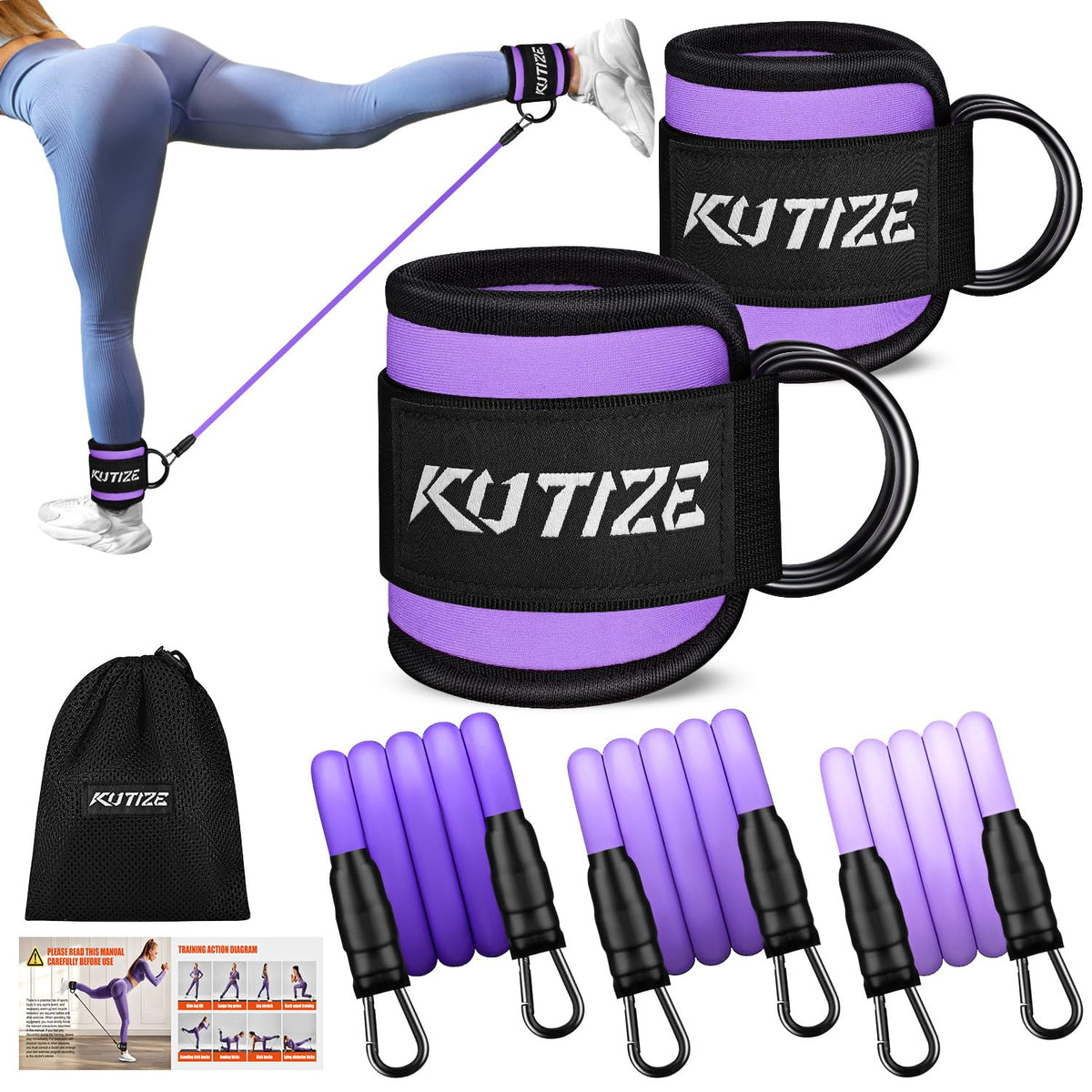 KUTIZE Ankle Resistance Bands with Cuffs for Women & Men - 3-Level Adjustable Leg & Glute Workout Equipment, Portable Home Gym Exercise Bands for Kickbacks, Hip Thrusts, Yoga, Strength Training