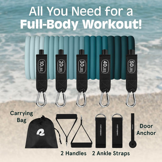 Retrospec Train Resistance Bands Set for Working Out - 5 Stackable Bands, Handles & Door Anchor - Portable Fitness Equipment for Physical Therapy & Yoga Includes Carry Bag
