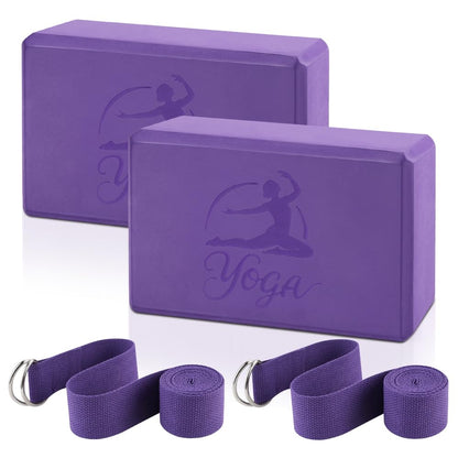 2 Yoga Block and 2 Yoga Strap Set,Non-slip EVA Foam Blocks, High Density Yoga Bricks with 6ft Strap, Supportive Latex-Free Yoga Block Accessories for Pilates