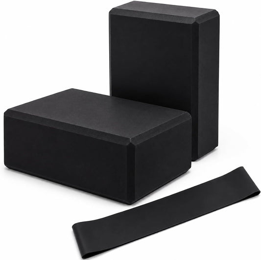 Yoga Blocks 2 Pack, Foam Yoga Block Set with Loop Resistance Band, High-Density EVA Yoga Block for Yoga, Pilates, Exercise, Stretching, Balance Training and Home Workouts