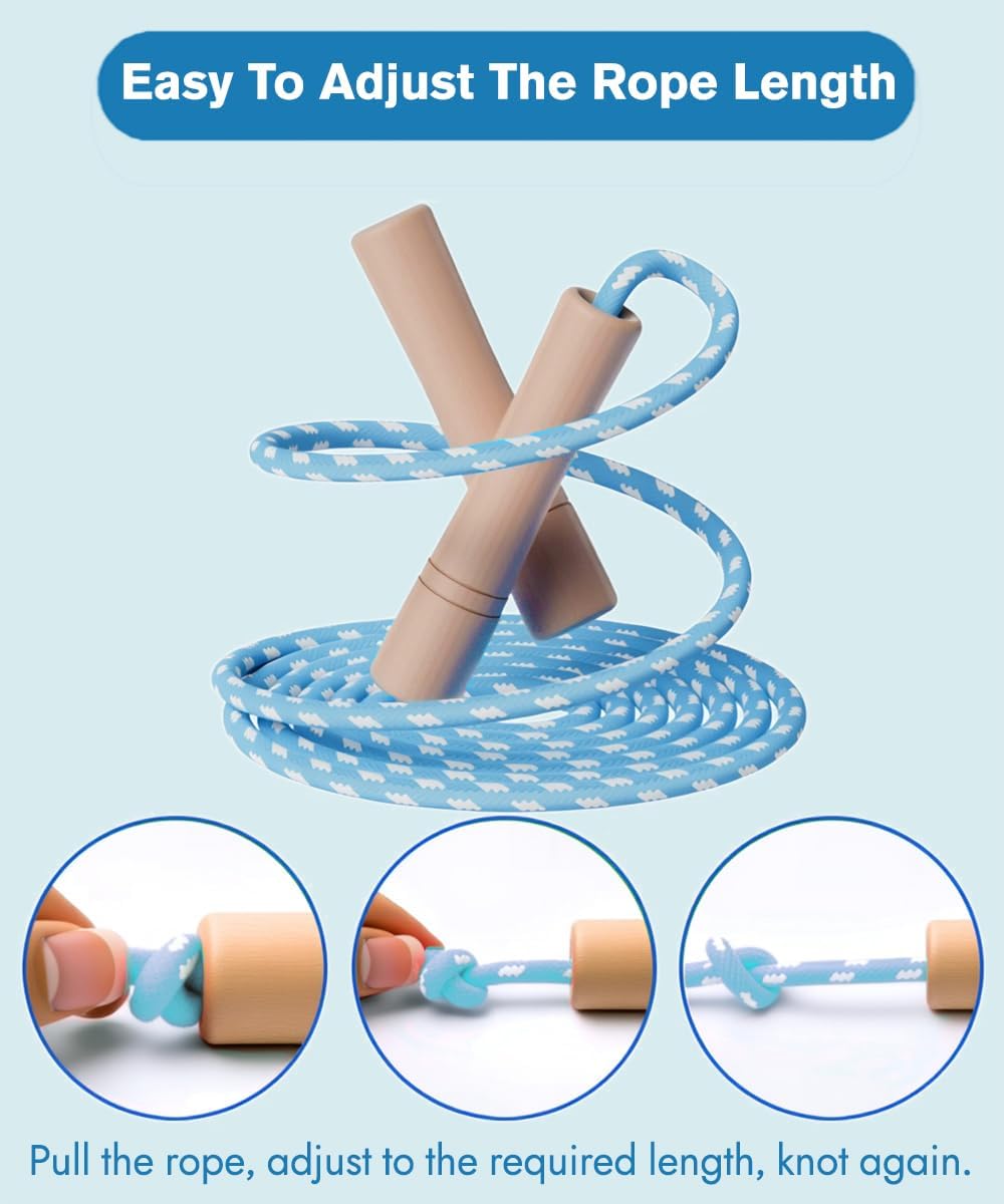 Jump Rope for Kids - Wooden Handle - Adjustable Cotton Braided Fitness Skipping Rope for Toddler Fitness Workout Exercise Outdoor Activity