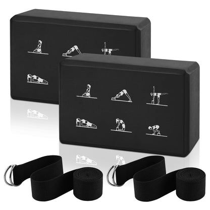 2 Yoga Block and 2 Yoga Strap Set,Non-slip EVA Foam Blocks, High Density Yoga Bricks with 6ft Strap, Supportive Latex-Free Yoga Block Accessories for Pilates