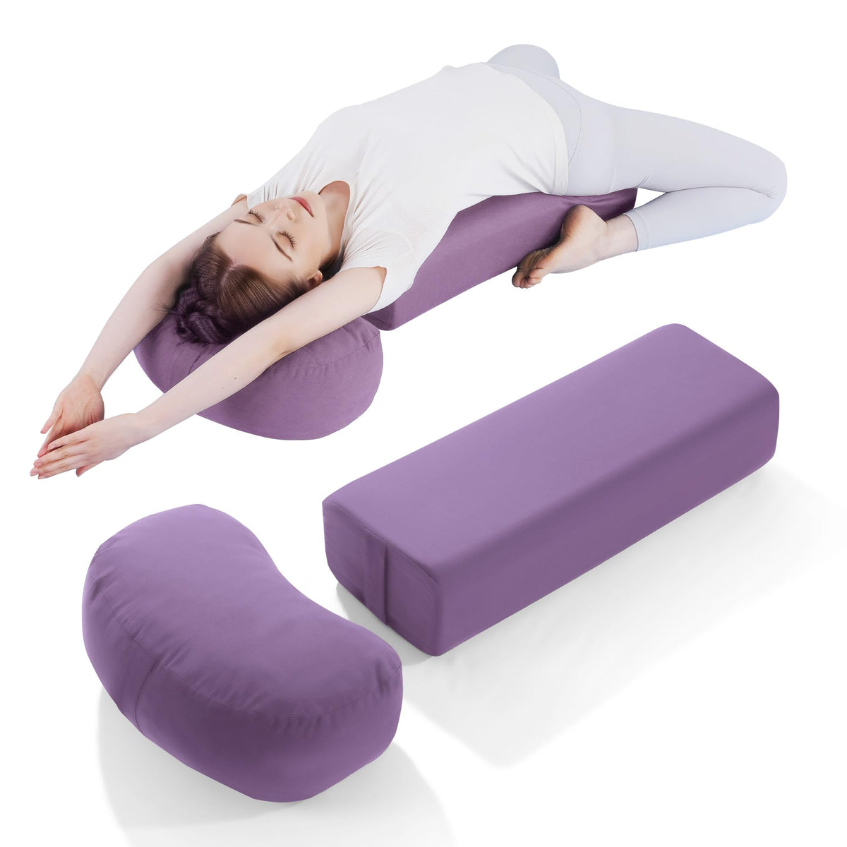 MABOZOO 2-Piece Yoga Bolster Pillow, Rectangular & Crescent Meditation Cushions with Removable Cover for Restorative Yoga, Meditation Accessories for Sitting on Floor
