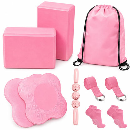 2 Yoga Blocks Supportive Accessories including 2 Knee Pads, 2 With Strap To Put Less Weight On Wrists, 1 Muscle Massage Roller, 2 Pair of Non-Slip Pilates Socks, 1 GYM Bag, Durable Versatile Yoga Brick Exercise Set of 10