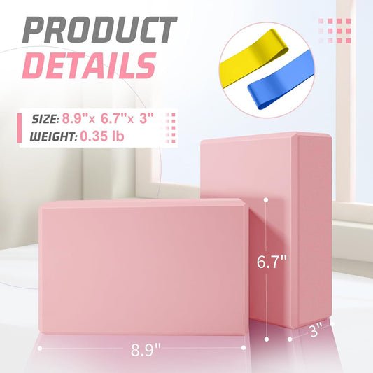Yoga Blocks 2 Pack 3x6x9IN Foam Block Latex-Free with Stretch Band