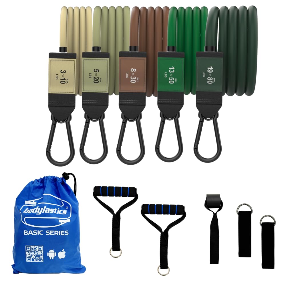 Bodylastics Patented Basic Series Resistance Band Set - Resistance Bands with Snap Reduction Tech, 2 Handles, 2 Ankle Straps, 1 Door Anchor & 1 Carry Bag