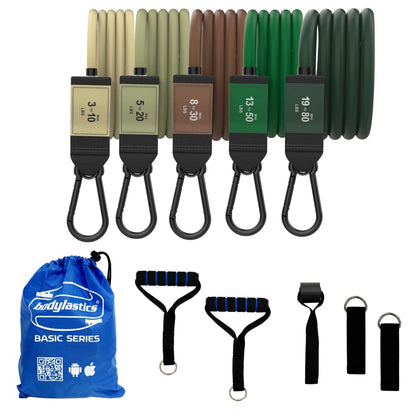 Bodylastics Patented Basic Series Resistance Band Set - Resistance Bands with Snap Reduction Tech, 2 Handles, 2 Ankle Straps, 1 Door Anchor & 1 Carry Bag