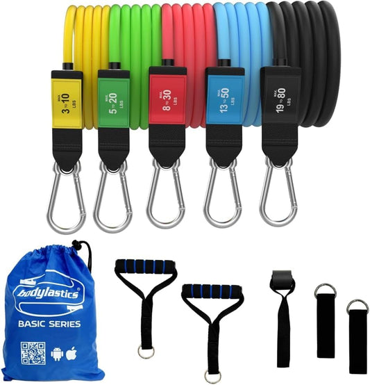 Bodylastics Patented Basic Series Resistance Band Set - Resistance Bands with Snap Reduction Tech, 2 Handles, 2 Ankle Straps, 1 Door Anchor & 1 Carry Bag