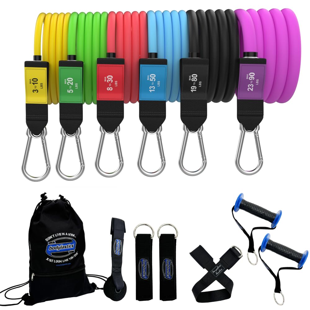 Bodylastics Patented Basic Series Resistance Band Set - Resistance Bands with Snap Reduction Tech, 2 Handles, 2 Ankle Straps, 1 Door Anchor & 1 Carry Bag
