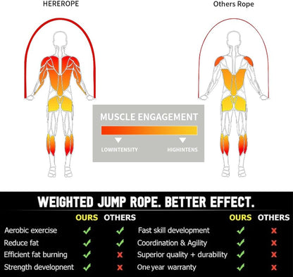 HEREROPE Weighted Jump Rope for Men Women Interchangeable 1/6lb 1/4lb 1/2lb Heavy Jump Rope- Adjustable Length, Tangle Free, Smooth Ball Bearing, Anti-slip Grip, Skipping Rope for Weight Loss