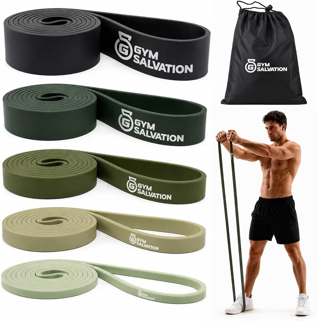 Gym Salvation 41-inch Loop Resistance Bands Set, 5 Pull Up Assist Bands for Strength Training & Working Out, Long Exercise Bands for Powerlifting, Mobility & Home Gym with Carry Bag