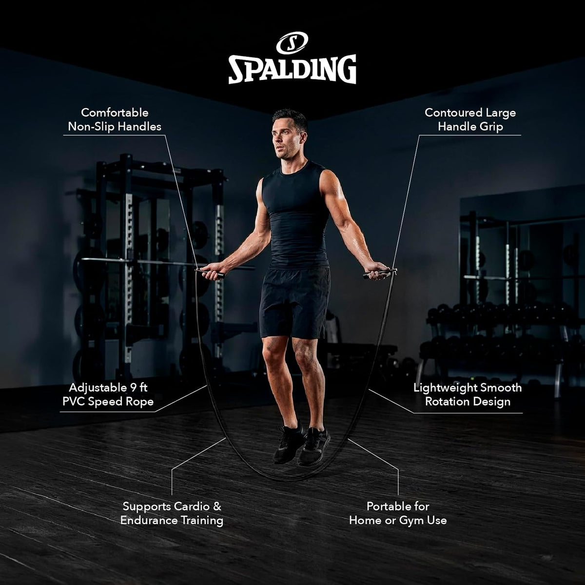Spalding - Large Handle Speed Jump Rope, Adjustable 9 ft PVC Skipping Rope, Non-Slip Contoured Grip, Cardio Fitness Training Rope for Home & Gym (Black)