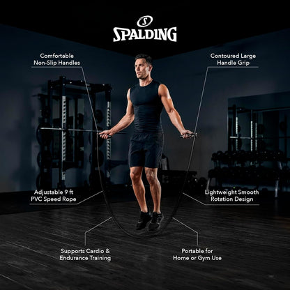 Spalding - Large Handle Speed Jump Rope, Adjustable 9 ft PVC Skipping Rope, Non-Slip Contoured Grip, Cardio Fitness Training Rope for Home & Gym (Black)