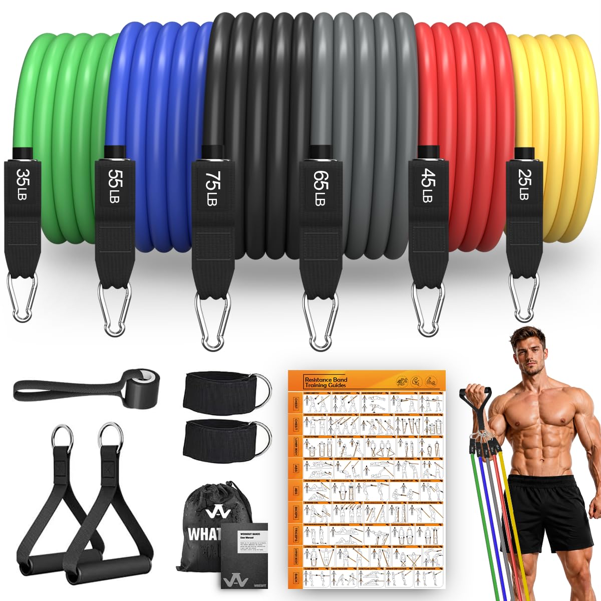 WHATAFIT Resistance Bands, 5 Level Exercise Bands with Handles for Workout