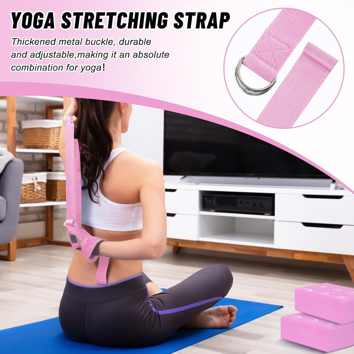 RETON 2 Pack Yoga Blocks and 2 Yoga Straps Set, Soft Non-Slip Yoga Block for Pilates, High Density EVA Foam Yoga Brick with Yoga Strap for General Fitness, Stretching, Improve Strength and Flexibility