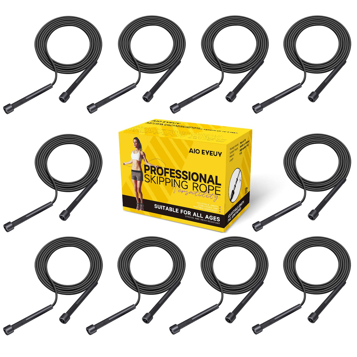 10 Pack Adjustable Jump Rope for Fitness and Exercise - PVC Skipping Rope for Men, Women and Teens - Tangle-Free for Keeping Fit, Training, Workout