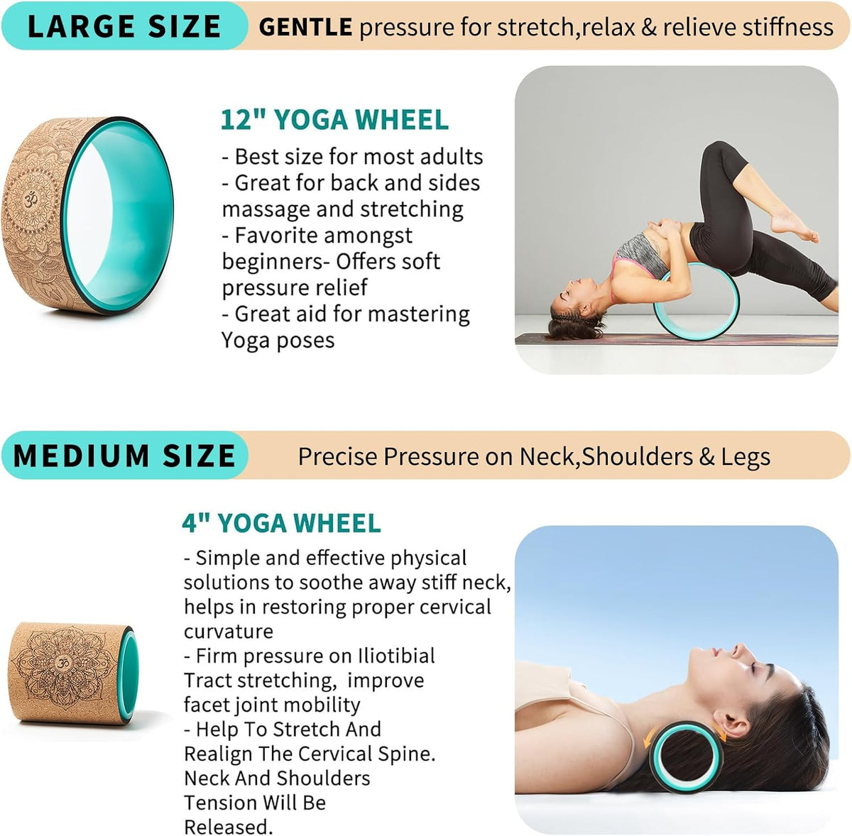 Cork Roller, Yoga Wheel, Upgraded Back Wheels for Pain Relief & Stretching