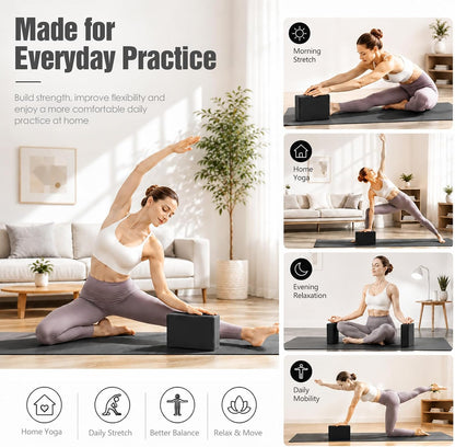 Yoga Blocks 2 Pack, Foam Yoga Block Set with Loop Resistance Band, High-Density EVA Yoga Block for Yoga, Pilates, Exercise, Stretching, Balance Training and Home Workouts