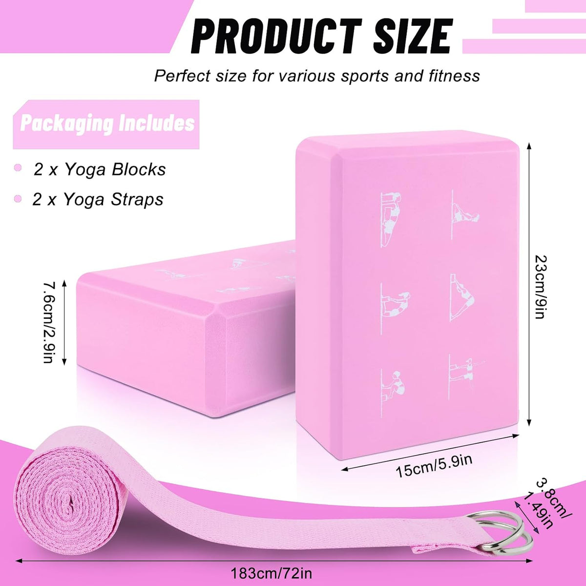 RETON 2 Pack Yoga Blocks and 2 Yoga Straps Set, Soft Non-Slip Yoga Block for Pilates, High Density EVA Foam Yoga Brick with Yoga Strap for General Fitness, Stretching, Improve Strength and Flexibility