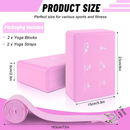 RETON 2 Pack Yoga Blocks and 2 Yoga Straps Set, Soft Non-Slip Yoga Block for Pilates, High Density EVA Foam Yoga Brick with Yoga Strap for General Fitness, Stretching, Improve Strength and Flexibility