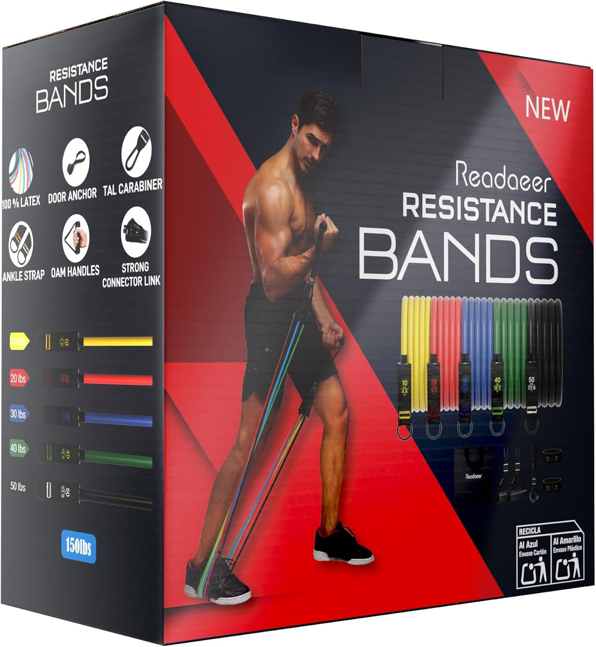 READAEER Resistance Bands, 10-150 LBS Exercise Bands with Handles, Ankle Straps & Door Anchor, Adjustable Workout Bands for Full Body Strength Training, Home, Gym & Travel