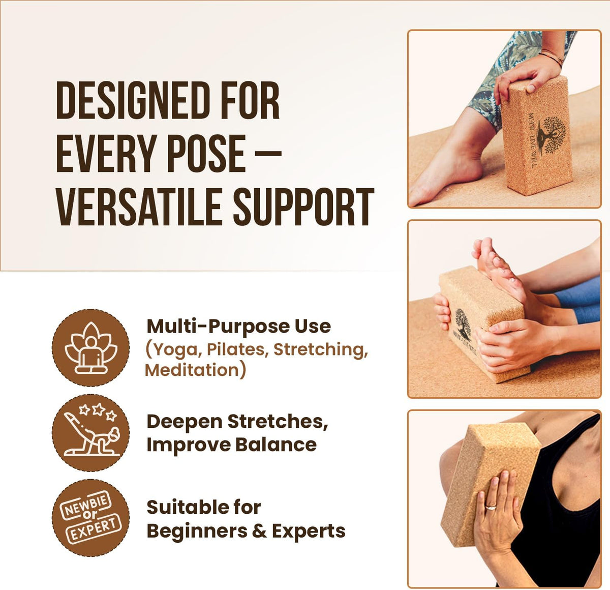 MHW - LIVE WELL Cork Yoga Block – Natural Anti-Slip Yoga Block for Stability & Deepening Poses - 9x6x3 Inches, Single (Cork, Pack of 2)