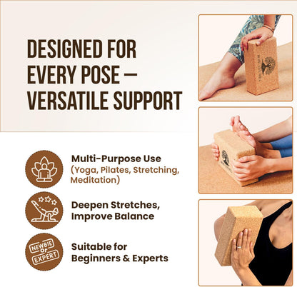 MHW - LIVE WELL Cork Yoga Block – Natural Anti-Slip Yoga Block for Stability & Deepening Poses - 9x6x3 Inches, Single (Cork, Pack of 2)