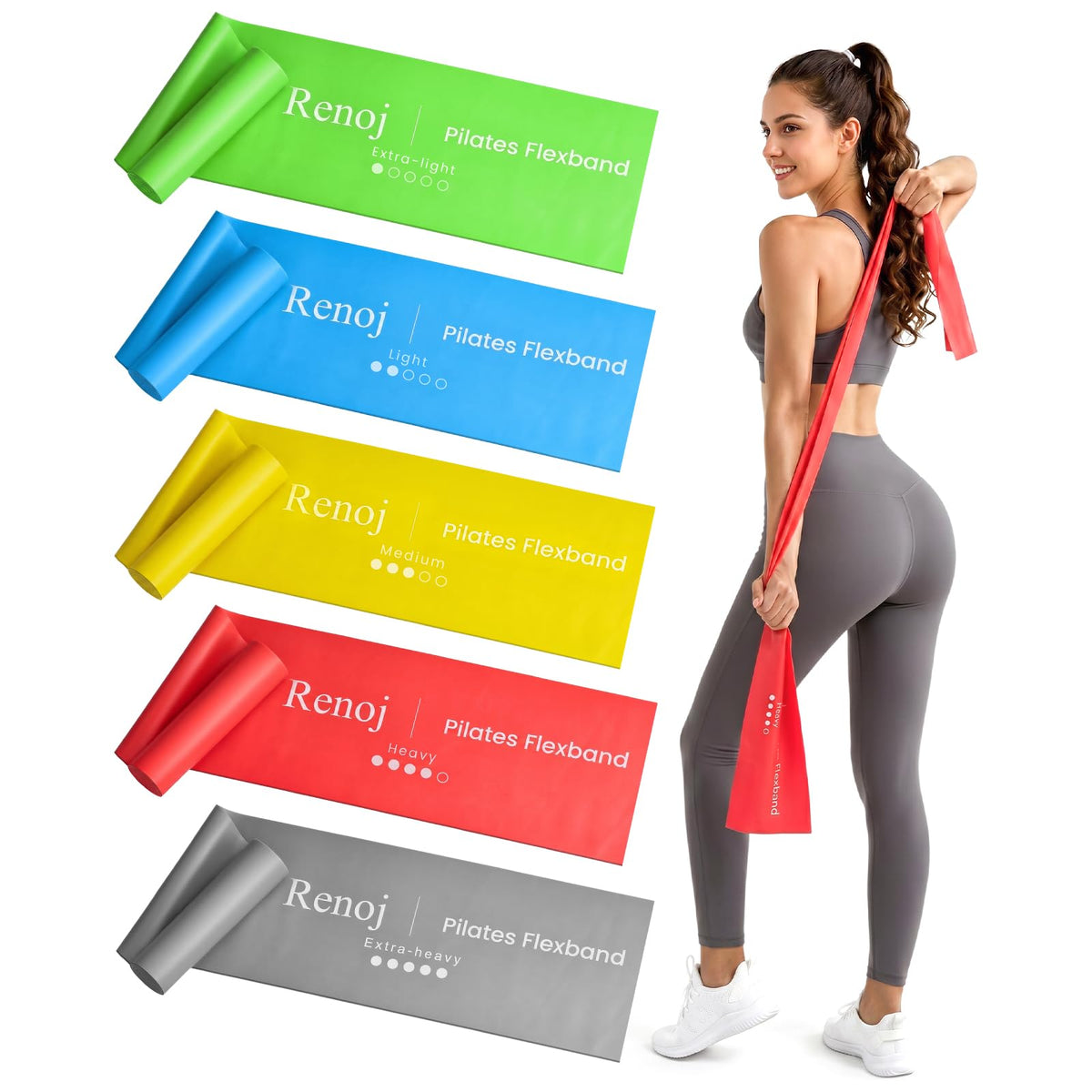 Renoj Pilates Flexbands, 5-Pack Latex-Free Resistance Bands Set – Exercise Bands for Pilates, Yoga, Stretching & Physical Therapy | Home Gym Equipment for Women & Men
