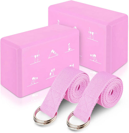 RETON 2 Pack Yoga Blocks and 2 Yoga Straps Set, Soft Non-Slip Yoga Block for Pilates, High Density EVA Foam Yoga Brick with Yoga Strap for General Fitness, Stretching, Improve Strength and Flexibility