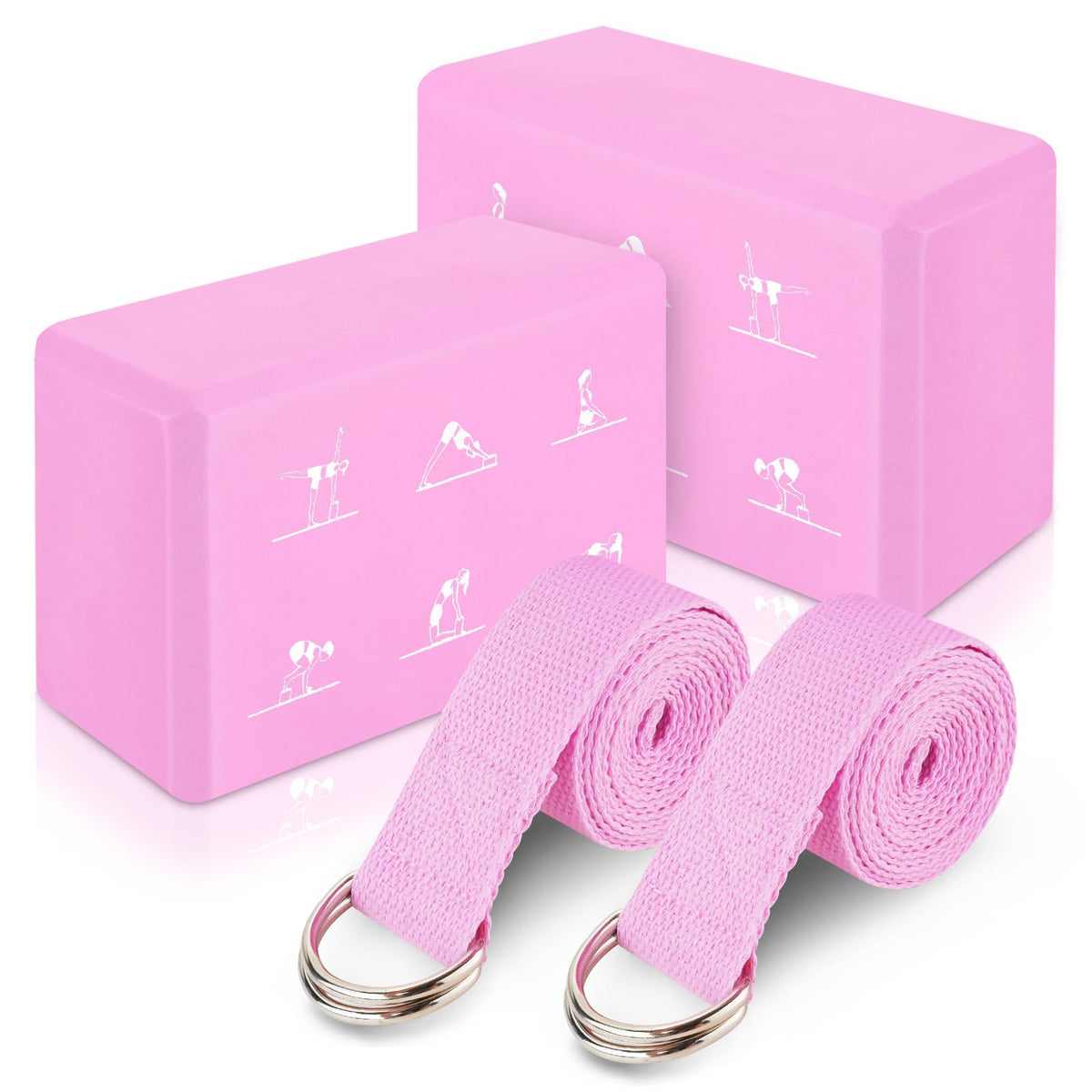 RETON 2 Pack Yoga Blocks and 2 Yoga Straps Set, Soft Non-Slip Yoga Block for Pilates, High Density EVA Foam Yoga Brick with Yoga Strap for General Fitness, Stretching, Improve Strength and Flexibility