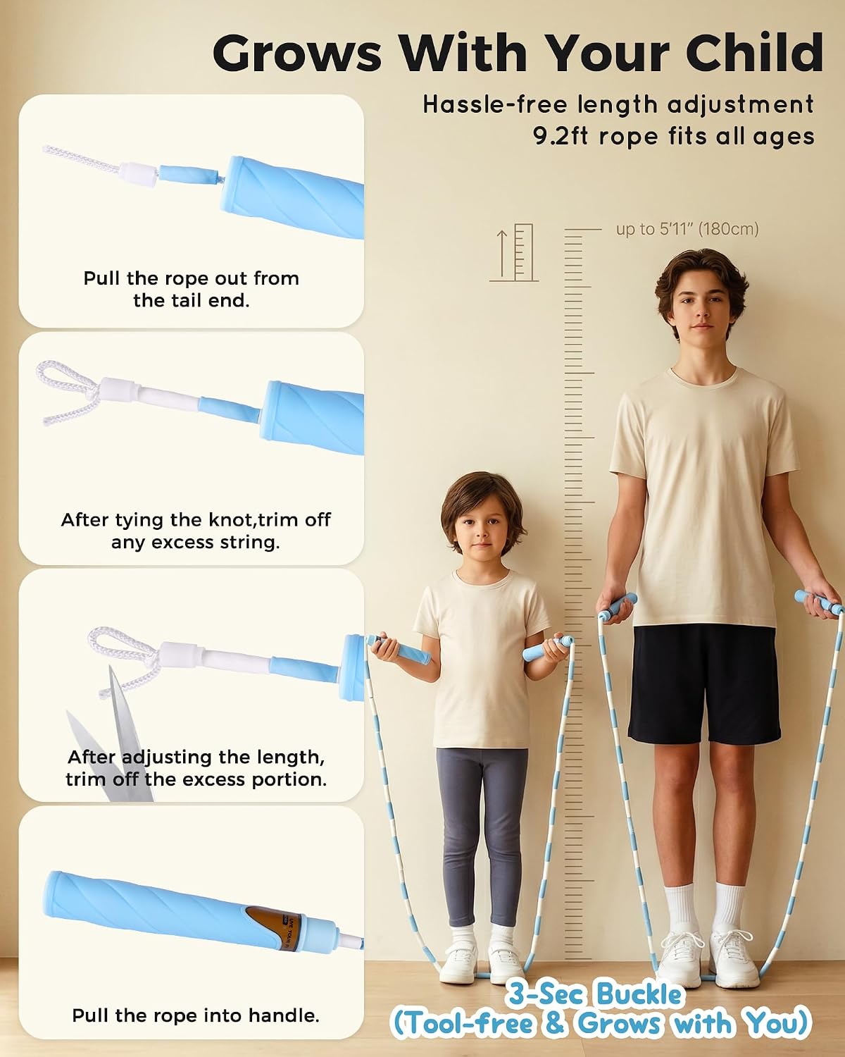 YUEDONG Ultra-Soft Beaded Jump Rope with Tangle-Free TPE Beads for Kids