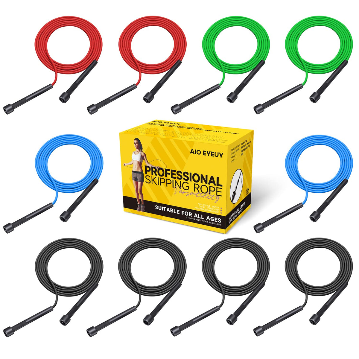 10 Pack Adjustable Jump Rope for Fitness and Exercise - PVC Skipping Rope for Men, Women and Teens - Tangle-Free for Keeping Fit, Training, Workout