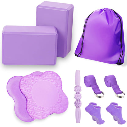 2 Yoga Blocks Supportive Accessories including 2 Knee Pads, 2 With Strap To Put Less Weight On Wrists, 1 Muscle Massage Roller, 2 Pair of Non-Slip Pilates Socks, 1 GYM Bag, Durable Versatile Yoga Brick Exercise Set of 10