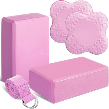 RoundFunny 5 Pcs Yoga Blocks Knee Pads Strap Set Foam Pilates