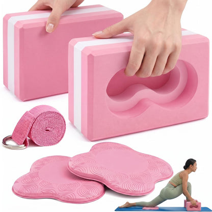 Yoga Blocks 2 Pack for Wrist Relief,Yoga Block with Knee Pads Strap