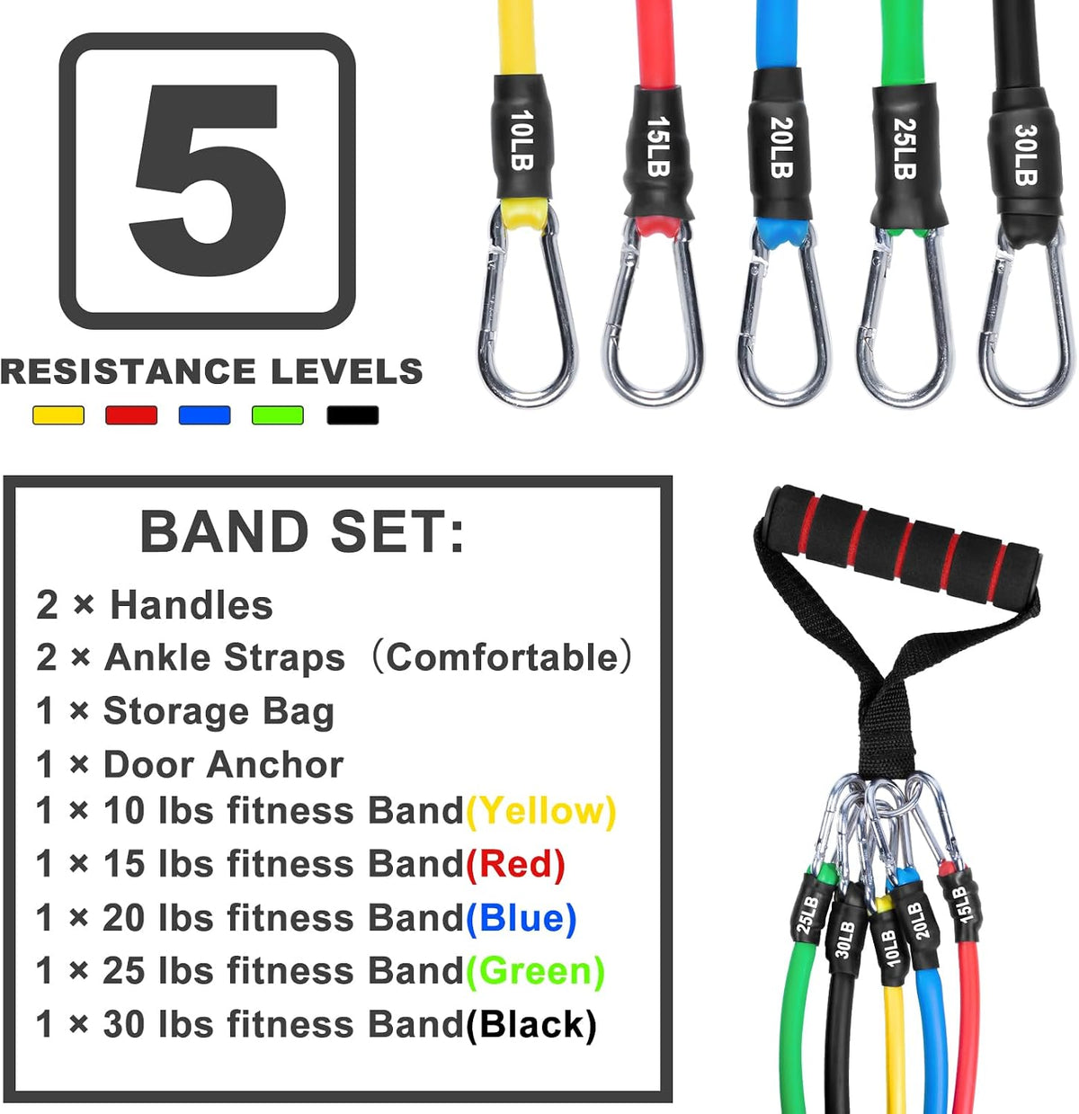 Resistance Bands Set, Workout Bands with Handles, 5 Levels