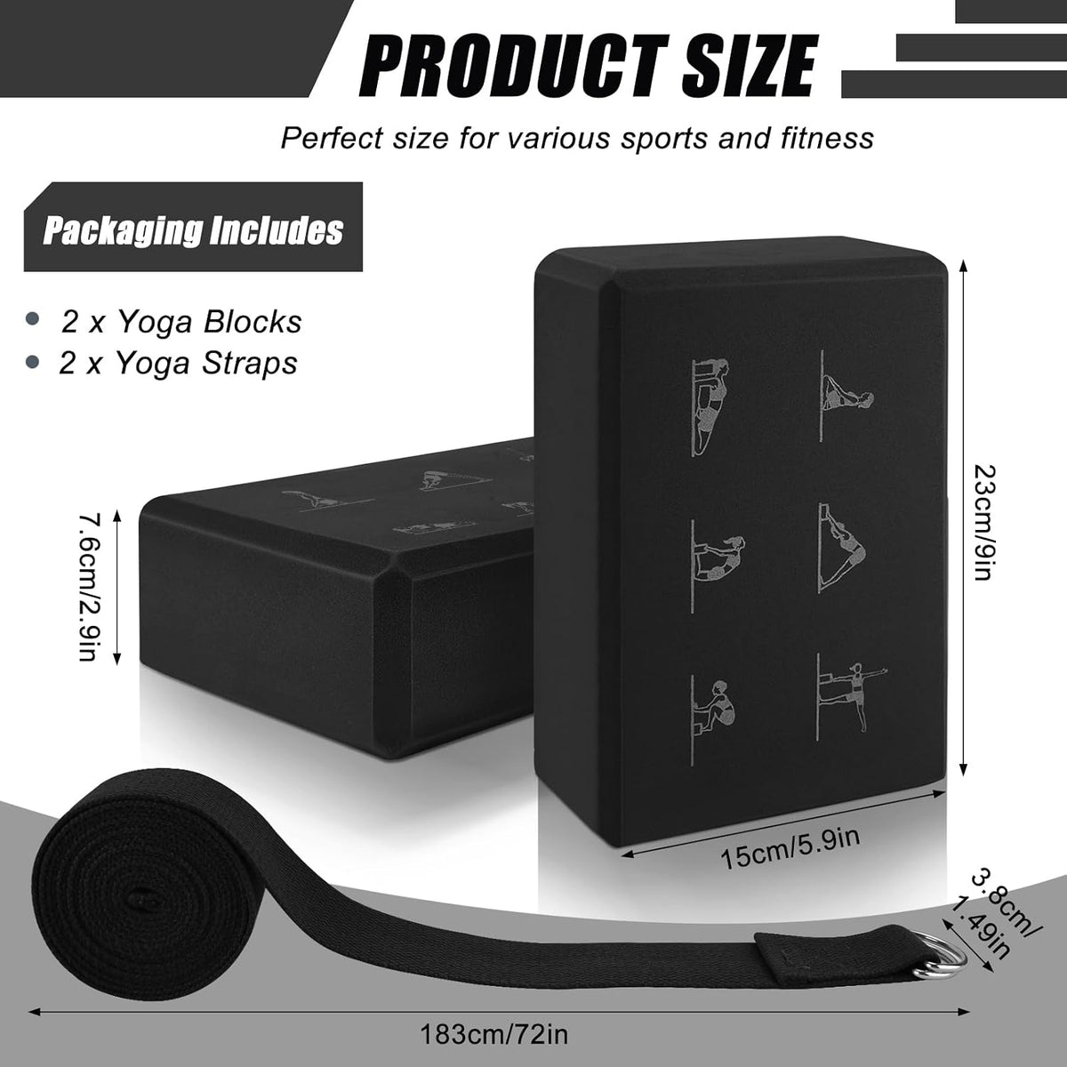 RETON Yoga Blocks Set with Straps, High Density Yoga Bricks, Lightweight EVA Foam Pilates Block, 2 Yoga Blocks with 2 Straps for Yoga, Pilates, Fitness, Stretching and Toning