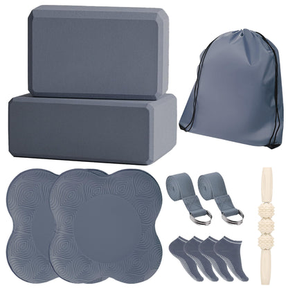 2 Yoga Blocks Supportive Accessories including 2 Knee Pads, 2 With Strap To Put Less Weight On Wrists, 1 Muscle Massage Roller, 2 Pair of Non-Slip Pilates Socks, 1 GYM Bag, Durable Versatile Yoga Brick Exercise Set of 10