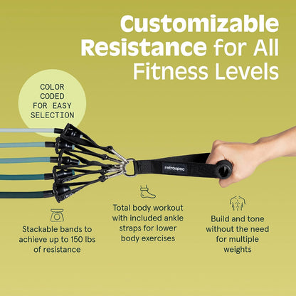 Retrospec Train Resistance Bands Set for Working Out - 5 Stackable Bands, Handles & Door Anchor - Portable Fitness Equipment for Physical Therapy & Yoga Includes Carry Bag