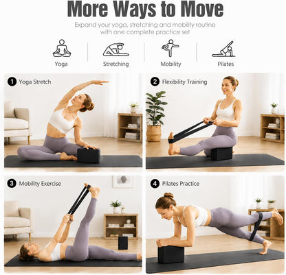 Yoga Blocks 2 Pack, Foam Yoga Block Set with Loop Resistance Band, High-Density EVA Yoga Block for Yoga, Pilates, Exercise, Stretching, Balance Training and Home Workouts